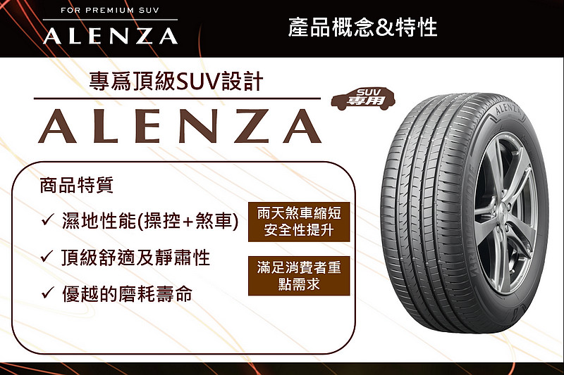 針對頂級SUV級距 普利司通《Bridgestone ALENZA》旗艦休旅胎款在臺發表 針對頂級SUV級距 普利司通《Bridgestone ALENZA》旗艦休旅胎款在臺發表