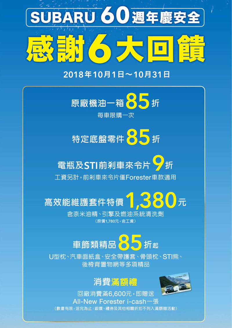 《Subaru》60週年慶推出保養6大好禮回饋 Levorg、XV及舊款Forester同步優惠中 《Subaru》60週年慶推出保養6大好禮回饋 Levorg、XV及舊款Forester同步優惠中
