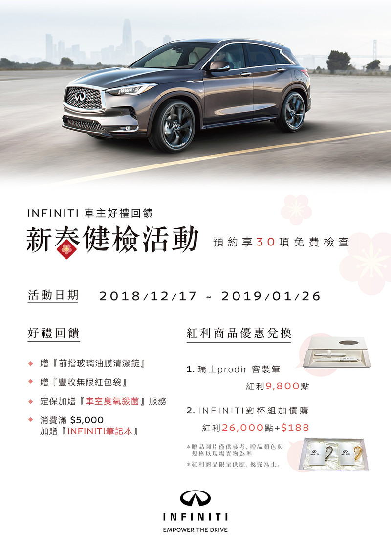 《Infiniti》2019新春健檢開跑 30項免費健檢再享回饋好禮 《Infiniti》2019新春健檢開跑 30項免費健檢再享回饋好禮