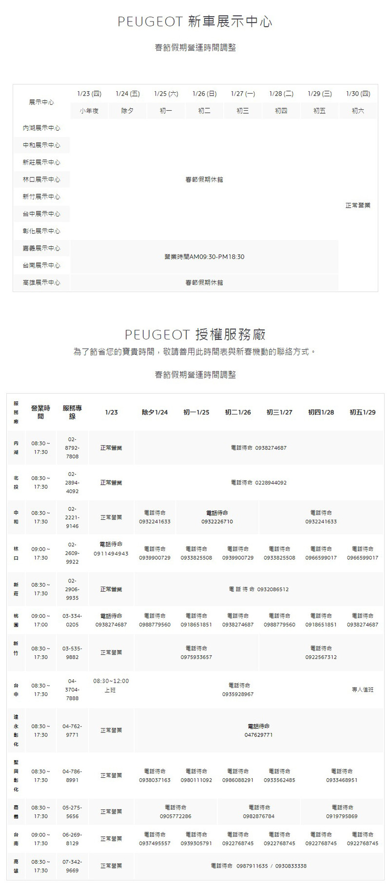 迎接春節連續假期 全台各品牌《服務廠》及《展示中心》營業資訊彙整 迎接春節連續假期 全台各品牌《服務廠》及《展示中心》營業資訊彙整