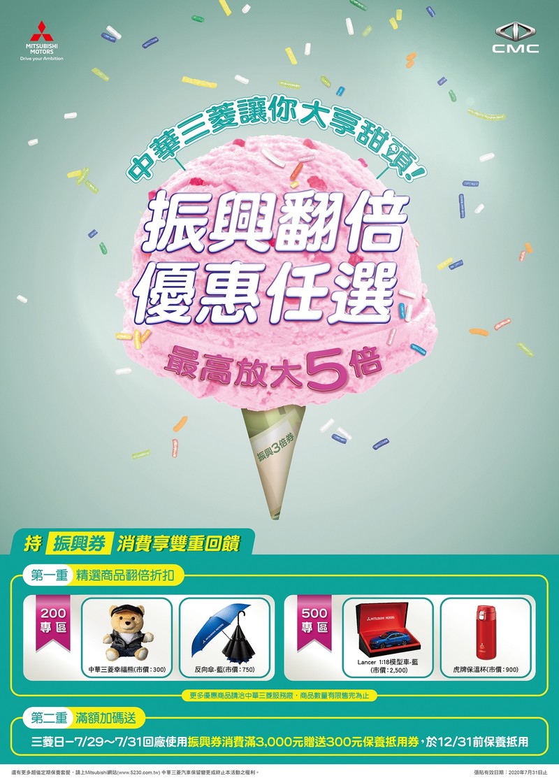 消費滿3千回饋3百 《中華三菱》限時推出振興券優惠方案 消費滿3千回饋3百 《中華三菱》限時推出振興券優惠方案