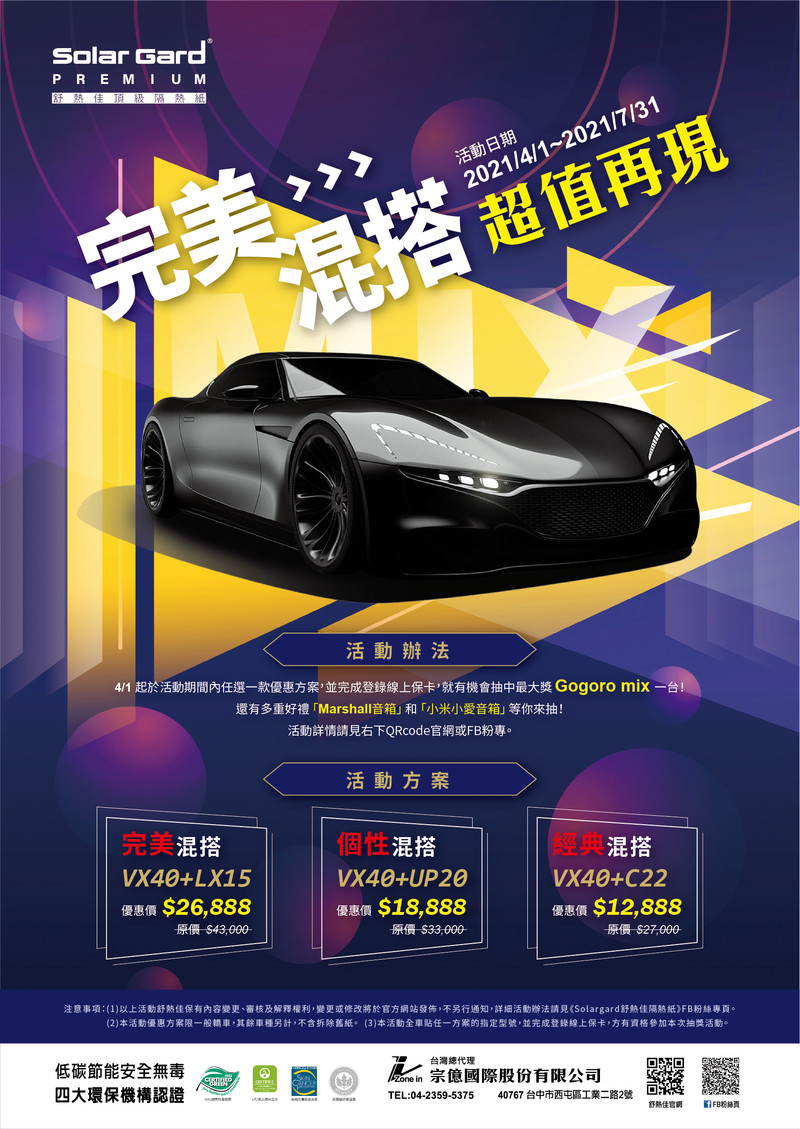 前擋+車身 完美組合《Solar Gard舒熱佳隔熱紙》限時優惠 再送Gogoro Mix 前擋+車身 完美組合《Solar Gard舒熱佳隔熱紙》限時優惠 再送Gogoro Mix